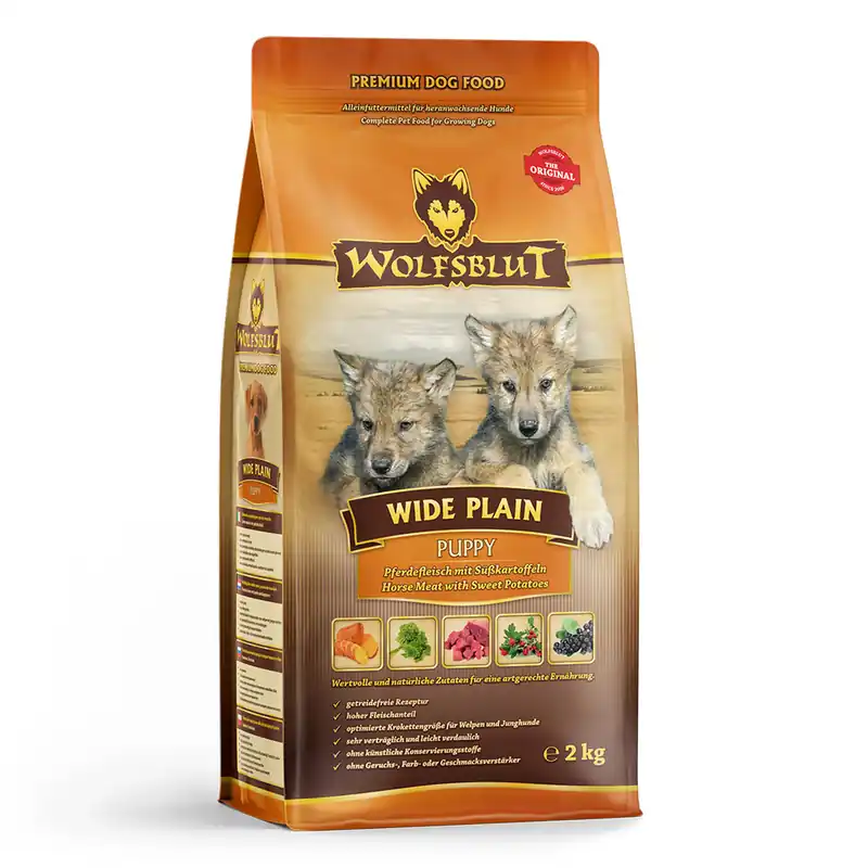 Letzte Chance Sparpaket WOLFSBLUT Wide Plain Puppy Pferdefleisch mit Süßkartoffeln 2x2kg Hundetrockenfutter